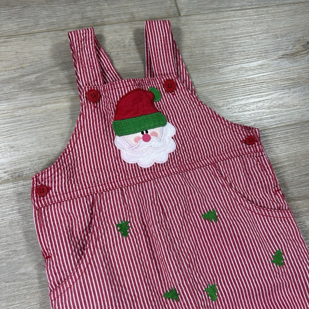 Bumble & Birdie 18M Seersucker‎ Christmas Santa Overalls Size Red White Striped